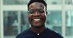 Face, smile and black man with business, career and office with professional, formal and glasses. Portrait, African person and happy employee in a workplace, happiness and corporate with eyewear 