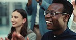 Business people, presentation success and support with applause in crowd, promotion or target goals. Teamwork, winning and solidarity with corporate group in meeting, celebration and happiness