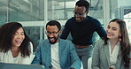 Business people, laughing and teamwork on laptop for meeting, marketing meme and funny presentation in office. Professional, happy employees with social media teamwork, planning and video on computer