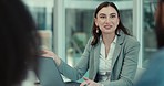 Business meeting, laptop and team leader, happy woman or bank consultant explain investment, client negotiation or web feedback. Consultation, administration and financial advisor consulting couple