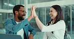 High five, teamwork and business people in office for planning, coworking on project and agreement. Corporate, collaboration and happy man and woman celebrate for success, good news and feedback