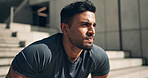 Face, man and deep breathe from workout, exercise or training on stairs with closeup and serious. Fitness, person and portrait with tired breathing or break from running, cardio or relax in nature