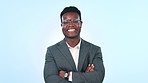 Black man in business, arms crossed and face with smile, corporate career and confidence on blue background. Entrepreneur, happy with job and pride, mockup space and expert professional in studio