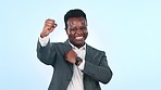 Black man in business, celebration and cheers with fist pump for job promotion and winning on blue background. Excited, happiness and yes with winner in portrait, reward for target success in studio