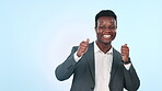 Face, happy and a black man with a thumbs up on a studio background for corporate success. Excited, thank you and portrait of an African employee with an emoji gesture on mockup space for a like