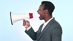 Megaphone, protest and black man screaming in a studio for political justice and freedom. Bullhorn, government and young African male person shouting for movement isolated by white background.