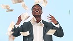 Excited studio celebration, money rain and black man winning bonus salary, income or financial freedom. Cash prize achievement, lotto competition winner or person celebrate revenue on blue background