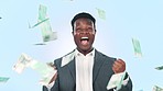 Business celebration, studio money rain and black man winning bonus salary, investment income or financial deal. Cash bills, competition winner cheers and agent celebrate revenue on blue background