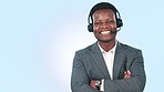 Call center, happy black man and point at business news, telemarketing info or studio customer support, help desk or advertising. Mockup space, portrait and professional consultant on blue background