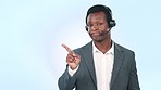 Pointing, disappointment and a black man for a call center on a studio background for disapproval. Bad, negative and a face portrait of an African customer service employee with a gesture for stop