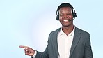 Call center, black man and face with pointing to list, information and crm decision in studio. Blue background, male professional and business checklist with steps, smile and advice for telemarketing