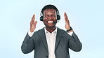 Angry, talking and black man for call center work, telemarketing communication or stress. Anxiety, contact and frustrated African customer service employee shouting on headset and studio background