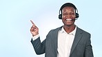 Call center, thinking black man and point at business solution, telemarketing sales info or studio customer support. CRM mockup space, help desk idea and happy consultant portrait on blue background