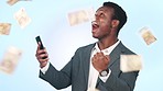 Phone, money and black man in a studio for celebration of lottery, prize or financial winning. Happy, excited and African male model on cellphone with cash for success isolated by white background.