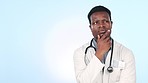 Black man, doctor and thinking with idea, solution or plan in advertising or marketing against a studio background. African male person, healthcare or medical surgeon in decision or choice on mockup