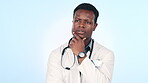 Man, doctor and thinking or ideas for healthcare solution, hospital decision or planning on blue background. African person with medical goals, vision and problem solving or remember emoji in studio