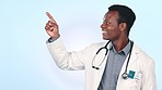 Doctor, presentation and healthcare information, clinic list and registration support or services on blue background. Face of african man with medical advice, pointing to steps and OK emoji in studio