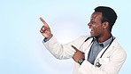 Happy black man, doctor and pointing in advertising, marketing against a studio background. Portrait of excited African male person, healthcare or medical professional showing deal or alert on mockup