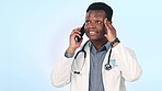 Phone call, angry doctor and man talk, consulting and argument in studio isolated on blue background mockup. Smartphone, frustrated African healthcare worker and stress in conversation for telehealth