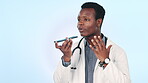 Frustrated, talking and a black man or doctor on a phone call for healthcare advice on a studio background. Annoyed, angry and an African surgeon speaking on a mobile for hospital communication