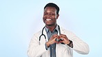 Doctor, black man and face with heart hand sign with cardiology and healthcare in studio. Blue background, love and emoji icon for hospital and clinic support with a smile from help and career