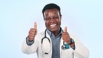 Man, doctor and thumbs up, medical success or celebration, thank you and like emoji on a blue background. Happy face of african worker in yes, okay and good job emoji for healthcare service in studio