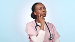 Woman, doctor and thinking or ideas for healthcare solution, hospital decision or planning on blue background. African nurse with medical goals, vision and problem solving or remember emoji in studio