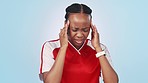 Fitness, stress and black woman with headache in studio for vertigo, pain or problem on blue background. Sport, crisis and African lady athlete with temple massage for anxiety, migraine or brain fog