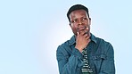 Thinking, black man and ideas with doubt, pointing and problem solving on a blue studio background. African person, guy and model with planning, confused and questions with solution and brainstorming
