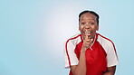 Secret, woman and hand on lips in sports for gossip, surprise or announcement on blue background. Portrait, person and whisper emoji for fitness, silence and shush mouth expression or exercise news