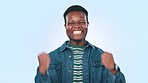 Black man, winning and portrait of happy celebration of success or achievement in studio blue background. Lottery, giveaway and crazy winner or excited person with happiness on face for competition 