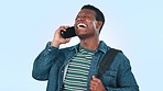 Phone call, happy and black man in a studio for communication, discussion or talking with technology. Smile, laugh and African male model on mobile conversation with cellphone by white background.