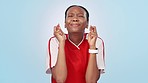 Cross fingers, hope and woman athlete in a studio with wish, prayer or lucky hand gesture. Nervous, stress and young African female model with good luck expression, emoji or sign by blue background.