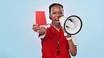 Red card, megaphone and woman athlete in studio for announcement at a sports game or match. Fitness, bullhorn and portrait of African female soccer referee shouting at tournament by white background.