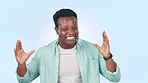 African man, surprise and celebration in studio with blue background, clapping hands or happiness. Black guy, announcement or excitement with smile for winner, success and accomplishment or good news