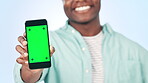 Hands, phone green screen and marketing mockup, information or easy and fast sign up video in studio. Happy person with mobile app, for registration information, tracking marker and blue background