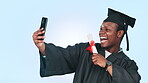 Graduation selfie, student and man with college profile picture, diploma and certificate on blue background. Graduate success, video call and happy african person for university celebration in studio