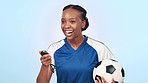 Football, sports coach and black woman with stopwatch in studio isolated on blue background mockup. Soccer, watch and happy personal trainer check clock time, monitor workout progress or performance