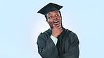 Graduate, student and thinking on future, pointing to space in mockup for advertising or marketing. Happy black man, degree and certificate at university, proud and achievement for goals in vision