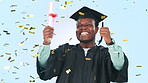 Black man, graduation celebration and confetti with education achievement and success on blue background. Cheers, fist pump and excited graduate with diploma, certified with energy and goal in studio