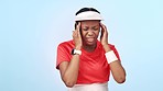 Headache, pain and black woman with stress in studio isolated on a blue background mockup. Sick, migraine and person massage temple for fitness crisis, fail sports challenge and anxiety for mistake 