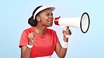 Happy, megaphone and woman athlete in studio for announcement at a sports game or match. Fitness, bullhorn and young African female soccer referee shouting at tournament by white background.