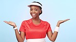 Tennis, happy black woman and sports palm gesture for product placement, scale balance and mockup space. Comparison choice, fitness decision and studio portrait of badminton player on blue background