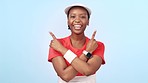 Athlete, pointing and portrait of woman with choice, offer or presentation of information on blue background in studio. Hands, gesture and mockup with menu, decision or tennis player with comparison