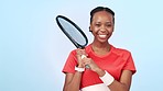 Fitness, tennis and face of woman in studio happy for training, workout or game on blue background. Sport, exercise and portrait of African lady athlete with racket for performance, challenge or goal