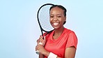 Happy, tennis and black woman with a racket for sports, fitness and getting ready for a game. Smile, laughing and face portrait of an African athlete for training or competition on a blue background