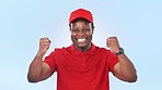 Celebration, happy and face of black man in a studio with fist pump for winning, success or achievement. Smile, excited and portrait of young African male model competition winner by white background