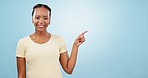 Woman, face and presentation of choice in studio for process, steps and advertising timeline on blue background. Portrait, happy african model and pointing to mockup, list and information comparison 