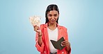 Happy business woman, money fan and wallet with cash in financial freedom against a blue studio background. Portrait of female person or employee smile with bills, savings or finance for investment