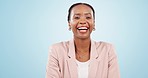Businesswoman, smile, laugh with happiness in studio, blue background and mockup for social media, web or app. Female, entrepreneur or person with excitement for announcement, notification or offer

